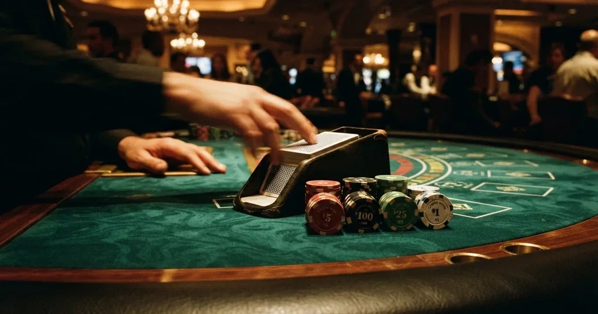 En närbild av ett grönt blackjackbord med kortlek, spelmarker i olika färger och suddiga händer som delar korten i mjukt ljus.